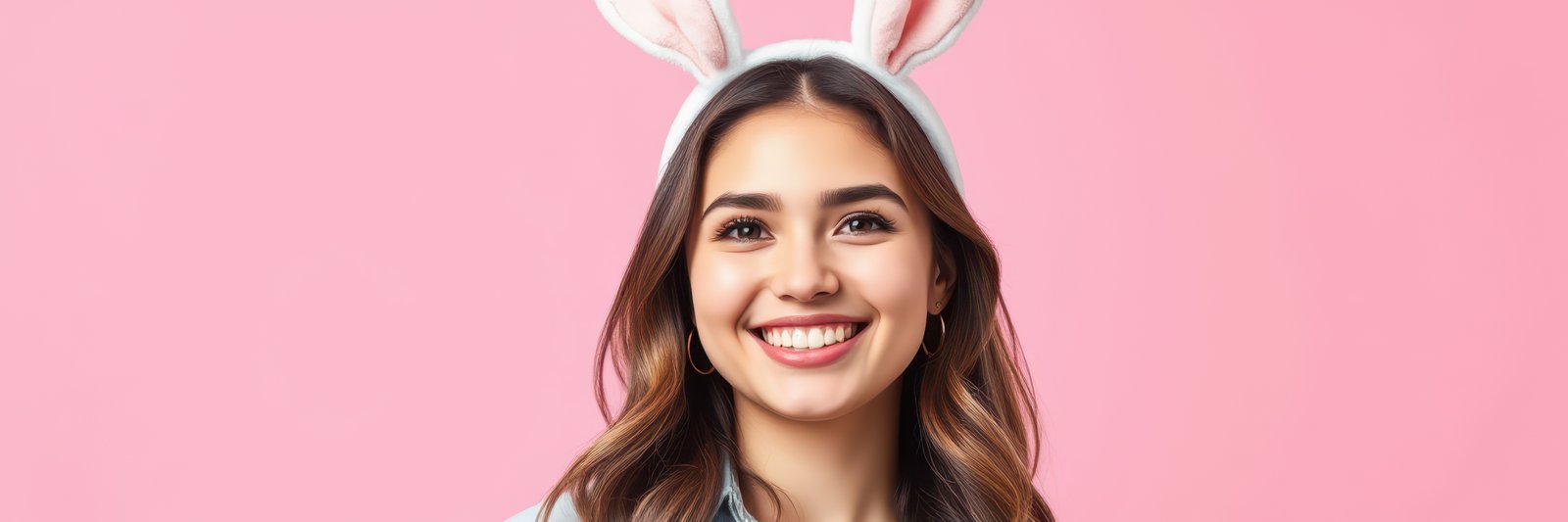 Smiling young woman with bunny ears against a vibrant pink background celebrating a festive occasion